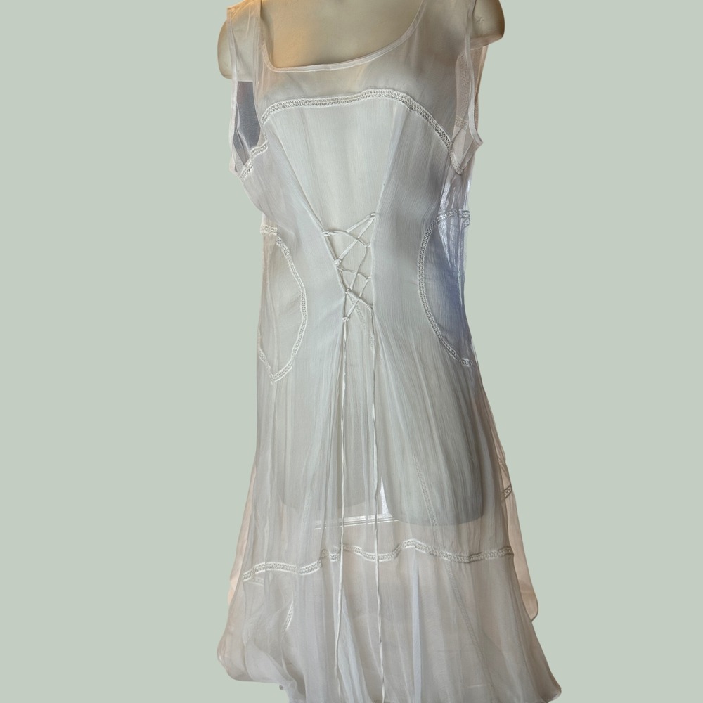 Vintage Style Sheer White Lace Up Corset Maxi Dress Gauze Embroidery Boho